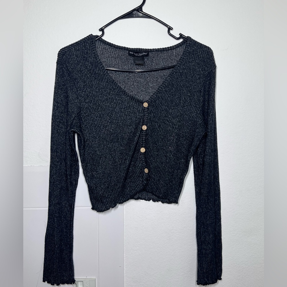black/gray long sleeve with brown buttons